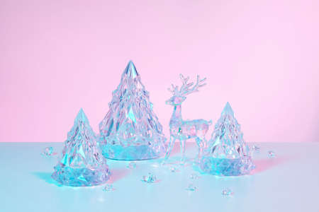 Winter scene with Christmas decorations on holographic pink background