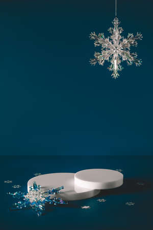 white podium and Christmas snowflakes on blue background
