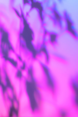 Shadow of flowers on holographic pink wall texture backgroundの写真素材