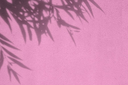 Shadow of leaves on pink concrete wall texture background