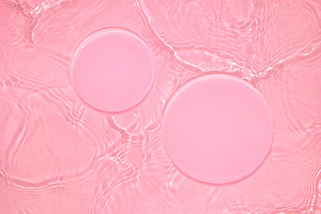 Two empty circle podiums on transparent pink water backgroundの写真素材