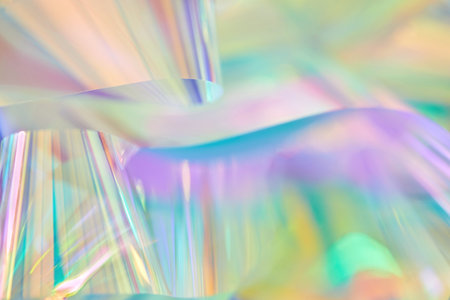 pastel neon mint, turquoise, blue, purple holographic metallic foil backgroundの写真素材