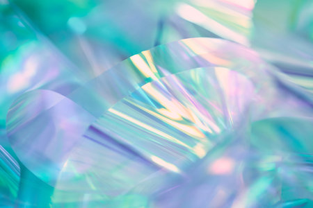 pastel neon mint, turquoise, blue, purple holographic metallic foil backgroundの写真素材
