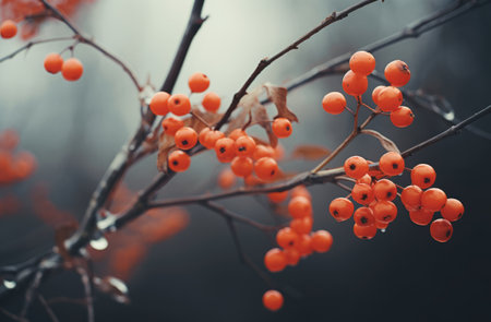 Moody autumnal tree branches with red wild berries on blurred dark background.の素材
