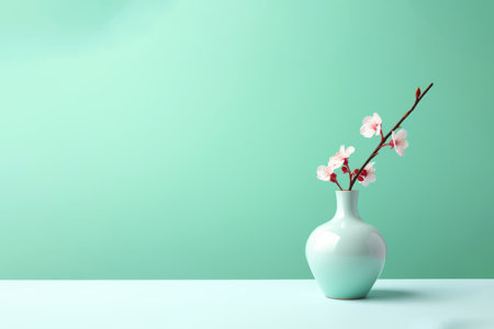 Small fruit cherry tree branch with pink flowers in small vase on white table with pastel mint green backgroundの素材
