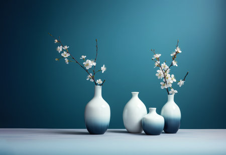 Small fruit cherry tree branches with pink flowers in small vases on white table with dark blue backgroundの素材