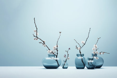 Small fruit cherry tree branches with pink flowers in small vases on white table with pastel blue backgroundの素材
