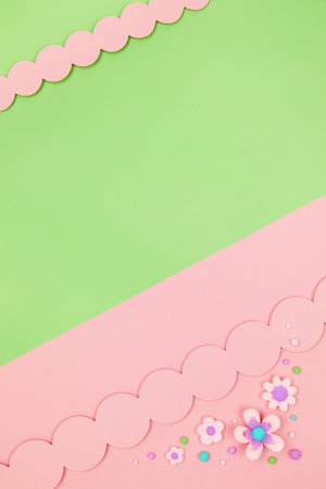 cute cartoon plasticine flowers on pastel green kawaii banner backgroundの写真素材