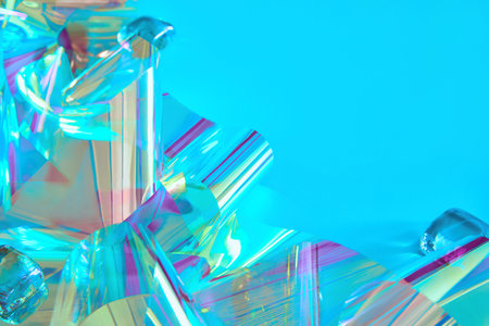 Abstract neon holographic metallic foil background in 80s, 90s style