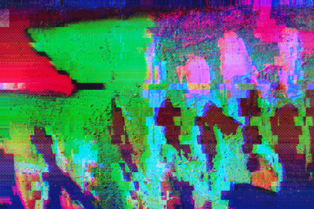 Abstract glitch art with green, pink, and blue fragmented pixelated textures