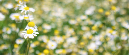 banner with medical roman Chamomile flowers Fieldの写真素材