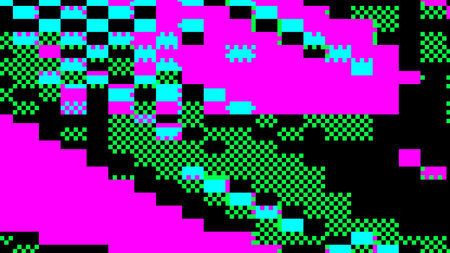 Abstract glitch art with pixelated green and pink patterns on black background