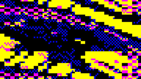 Abstract glitch art - pixelated yellow, blue, pink pattern on black background