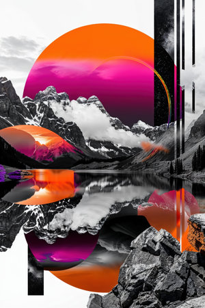 Vibrant Abstract Landscape with Mountains and Geometric Elements for Modern Designの素材