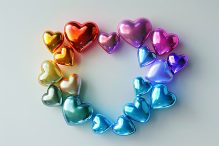 Colorful Metallic Heart Shapes Forming a Rainbow Pattern on Light Backgroundの素材