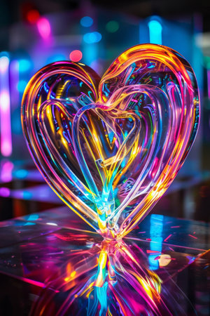 Vibrant Neon Glass Heart Sculpture with Colorful Light Reflectionsの素材