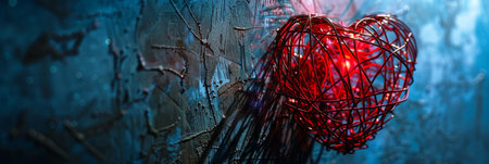 Romantic Red Wire Heart on Textured Blue Background, Modern Art for Valentines Day Decorの素材