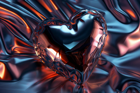 Abstract Metallic Heart on Vibrant Fluid Background for Romantic and Futuristic Designsの素材