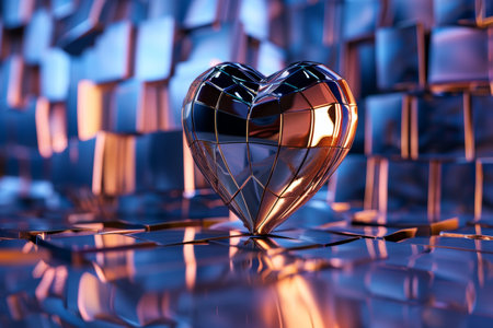 Reflective Metallic Heart on Abstract Geometric Background - Digital Art for Creative Designの素材