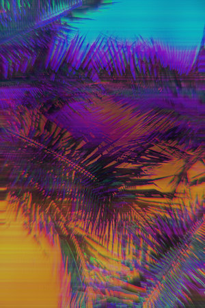 Glitch Effect with Palm Leaves in Neon Purple, Blue, Orange for Y2K Aesthetic