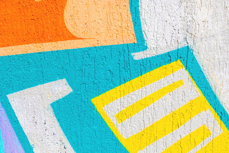 Abstract Geometric Urban Graffiti Wall - Bright Orange, Blue, Yellow, White Colors, 90s Street Style