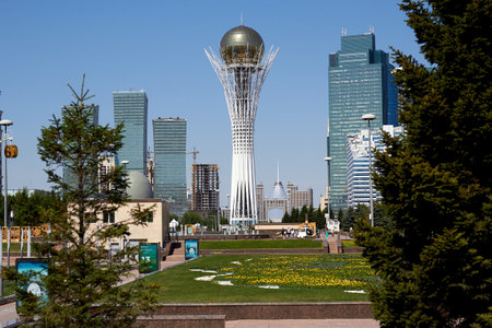 Kazakhstan, Nursultan, 07/05/2019. Beautiful Baiterek tower landmark of the city of Nursultan (Astana) sphere in the blue sky.のeditorial素材