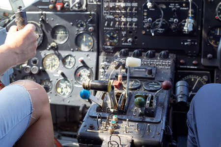 There are various instruments and sensors inside the cockpit of the aircraft.の写真素材