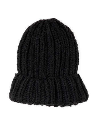 Black knitted wool hat on a white background. isolatedの写真素材