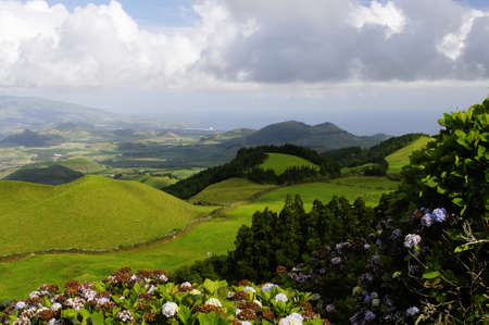 The lush green volcanic hills of Sao Miguel island, Azores, Portugalの写真素材