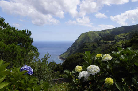 The beautiful landscape of the coast viewed from Aqua Retort, Sao Miguel, Azoresの写真素材