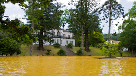 Hot spring iron water thermal pool in Terra Nostra Garden, Furnas, Sao Miguel, Azores, Portugalのeditorial素材