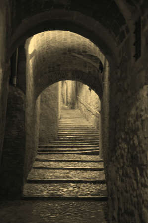 The street at Medieval Girona in old style, Catalonia, Spainの写真素材