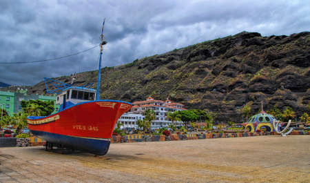  Old boat on the square in center of Puerto de Tazacorte, La Palma, Canary, Spainのeditorial素材