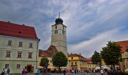 SIBIU, ROMANIA - JUNE 08, 2014  Tourists visit main square in Sibiu, Romania  Sibiu was designated a European Capital of Culture for the year 2007のeditorial素材