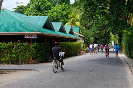 SEYCHELLES, LA DIGUE ISLAND - AUGUST 07:The island of dreams for a rest and relaxation.Bicycle on moorage. La Digue island, Seychellesのeditorial素材
