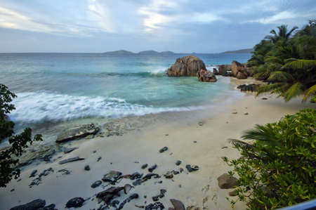Anse Patates beach, La Digue island, Seychellesの写真素材
