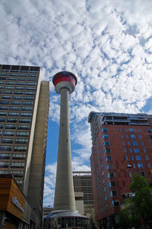 CALGARY, CANADA - MAY 26: A Calgary Tower built in 1968 is a 191-metre tower in Downtown Calgary on May 26, 2016, Alberta, Canadaのeditorial素材