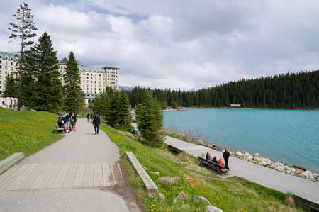 LAKE LOUISE, CANADA - MAY 28, 2016: View of the famous lake Louise. Lake Louise is the second most-visited destination in the Banff National Park.のeditorial素材