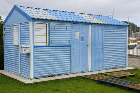 LE MARIN: JANUARY 1 - a blue wooden cattage on edge of ocean in Le Marine on January 1, 2017, Martinique, France, Lesser Antillesのeditorial素材