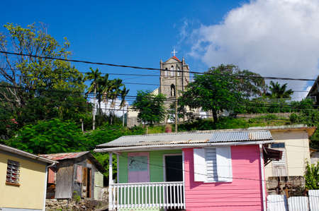 SCOTTS HEAD, DOMINICA - JANUARY 6, 2017 - Scotts Head fishing village in Dominica on January 6, 2017. It's the meeting point of Atlantic Ocean and Caribbean Sea (Soufriere Bay) and famous of snorkeling and diving places. Lesser Antillesのeditorial素材