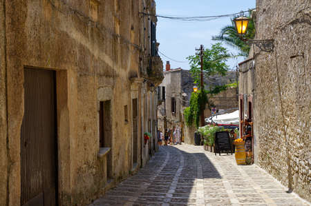 ERICE, ITALY - AUGUST 08, 2017: Main street of Erice with touristic shops and restaurants, near Trapani, Sicily, Italyのeditorial素材