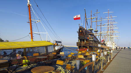 GDYNIA, POLAND: SEPTEMBER 29, 2017: Large wooden sailing galleon for tourist voyages in Gdynia port...