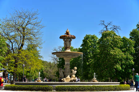 MADRID / SPAIN - APRIL 12, 2019 - Galapagos Fountain (Fuente de los Galapagos) in The Jardines del Buen Retiro (Parque del Buen Retiro), the main park of the city of Madrid, capital of Spain.のeditorial素材