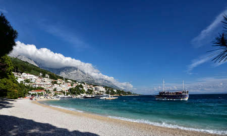 BRELA, CROATIA - MAY 3, 2019 - The Soline beach at Brela town. The Makarska riviera in Croatia is famous for its beautiful pebbly beaches and crystal clear water.のeditorial素材