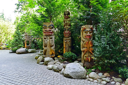 VANCOUVER, BRITISH COLUMBIA, CANADA, MAY 31, 2019: The Indian totem poles located in Capilano Park in Vancouver, Vancouver, BC. Canadaのeditorial素材