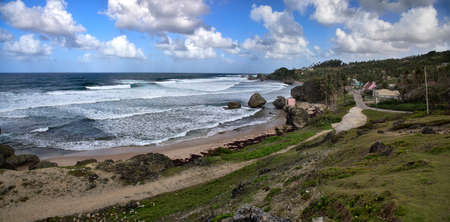 Blue sky above the beach of Bathsheba, East coast of island Barbados, Caribbean Islandsの写真素材