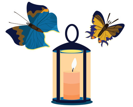 Two butterflies near a lamp with a burning candle.のイラスト素材