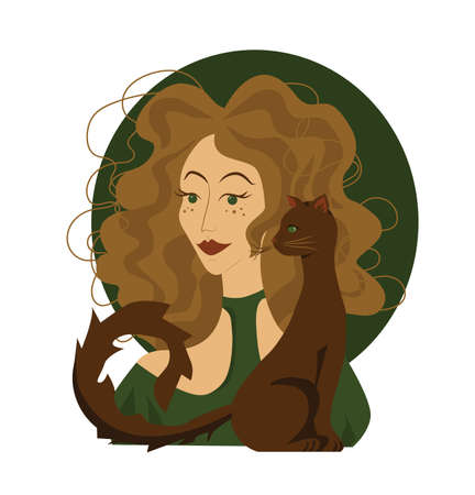 A blonde curly-haired girl in a green dress with a cat.のイラスト素材