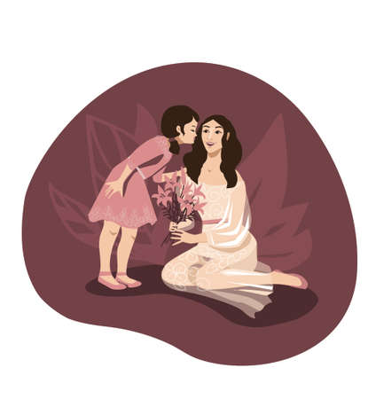A girl with dark hair in a pink dress congratulates her mother on the holiday, gives her lily flowers and kisses her on the cheek.のイラスト素材