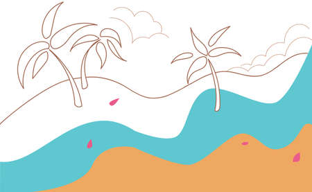 A simple vector tropical landscape with palm trees, water and sand.のイラスト素材